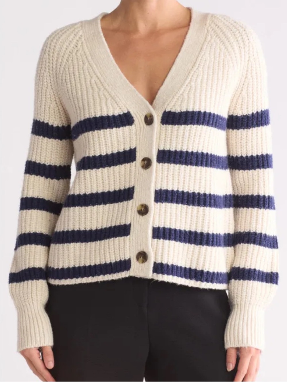 Nordstrom Caslon Cream & Navy Striped Cozy Soft V-Neck Cardigan Sz M